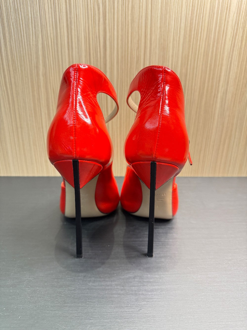 Casadei Red Patent Leather Ankle Strap Peep Toe Pumps. Size 39|66
