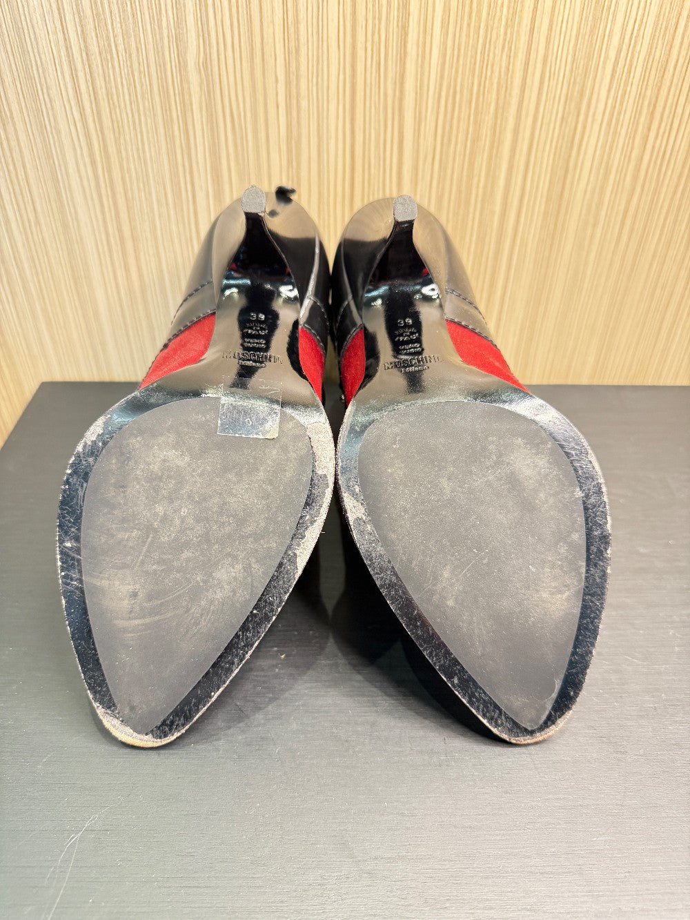 Moschino Cheap and Chic Black Patent & Red Satin Ankle Bootie Pumps Size 39|230