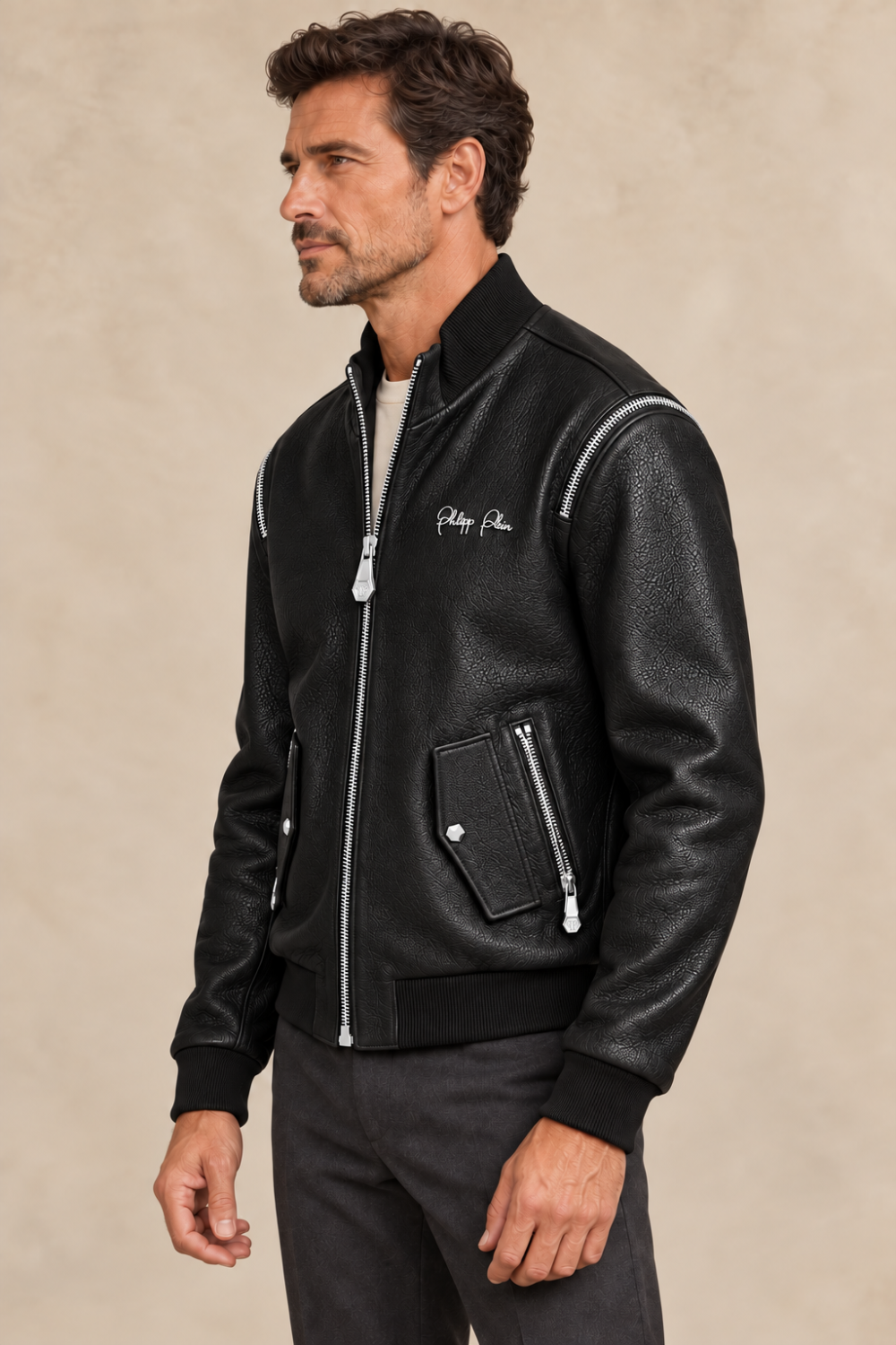 Philipp Plein Men’s Black Leather Bomber Jacket with Silver-Tone Hardware – 4XL|1046