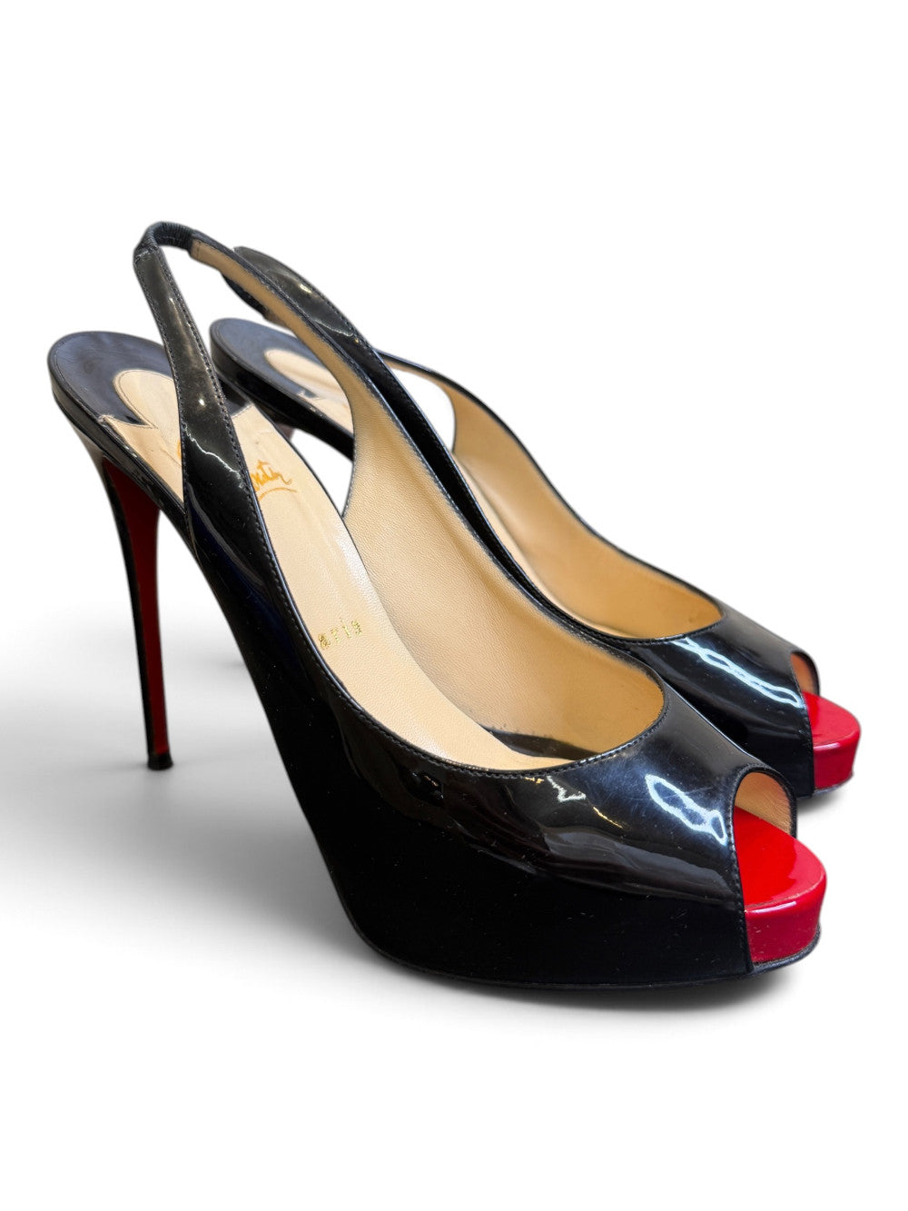 Christian Louboutin Black Patent Leather Peep-Toe Platform Slingback Pumps – US 9.5 (EU 39.5)|1085
