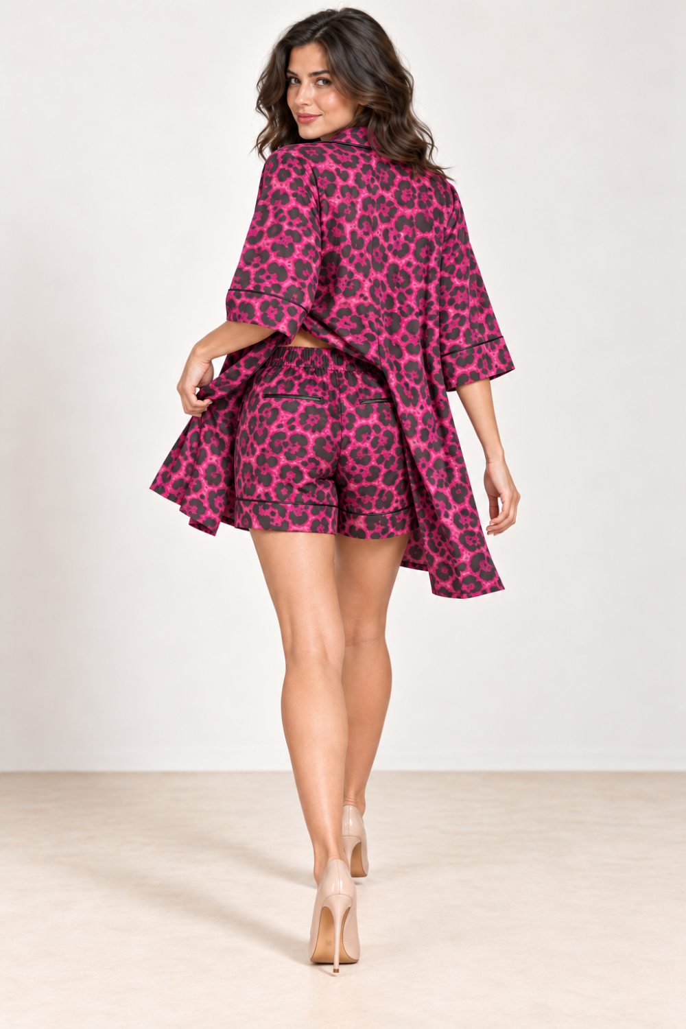 G. Novak Fuchsia Leopard Three-Piece Shirt, Top & Shorts Set|873