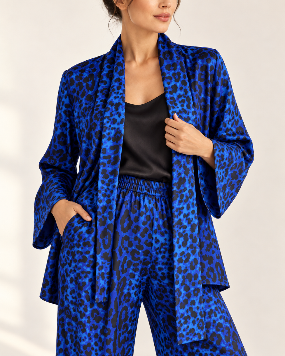 G. Novak Blue Leopard Silk Jacket & Wide-Leg Pants Set|881