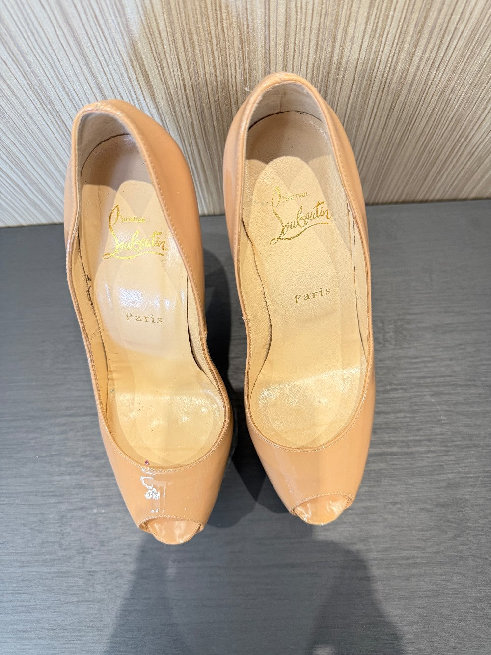 Christian Louboutin Lady Peep 150 Nude Patent Leather Platform Pumps|21