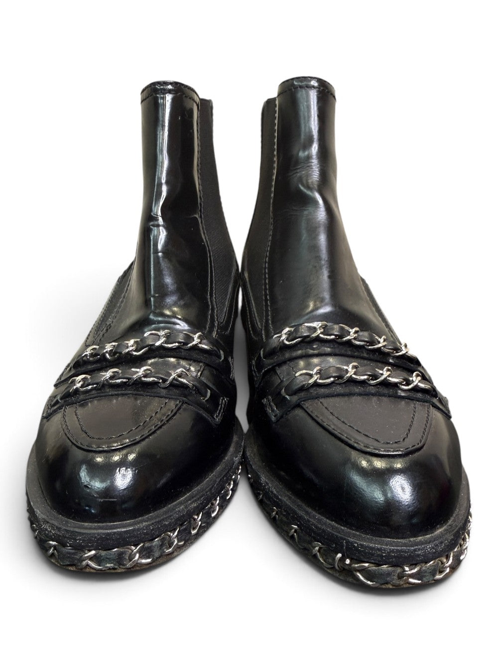Chanel Black Leather Chain-Trim Chelsea Loafer Ankle Boots Size 37|778