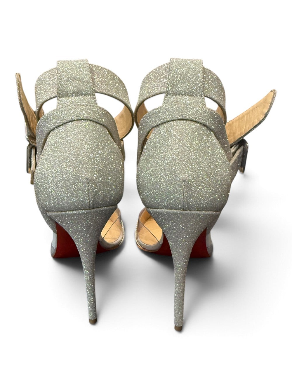 Christian Louboutin Silver Glitter & Clear Double-Strap Pumps|1028
