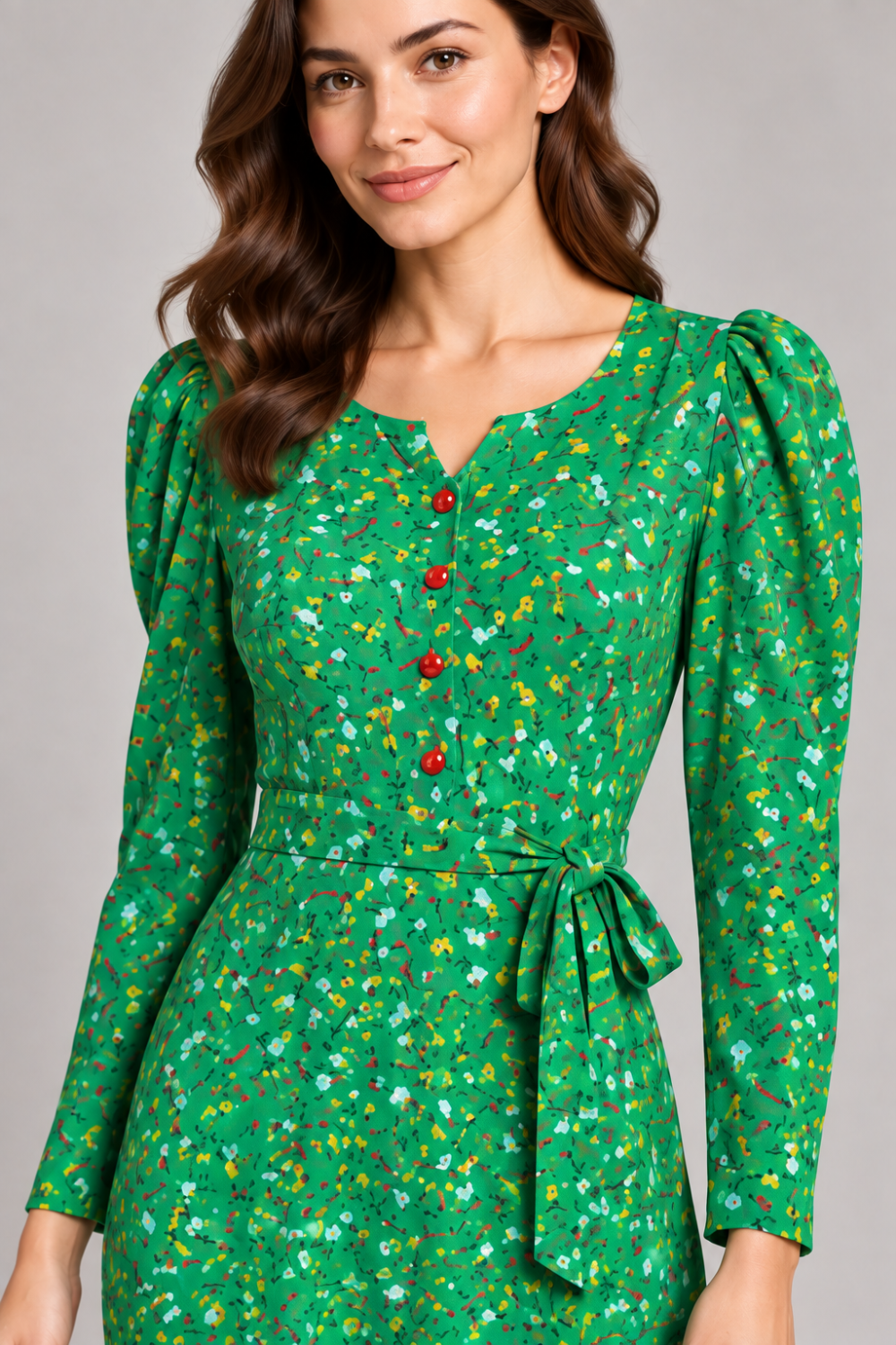 G. Novak Green Floral Belted Long-Sleeve Midi Dress|891