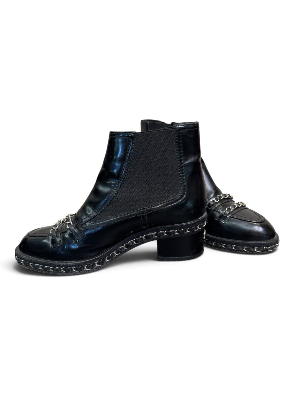 Chanel Black Leather Chain-Trim Chelsea Loafer Ankle Boots Size 37|782