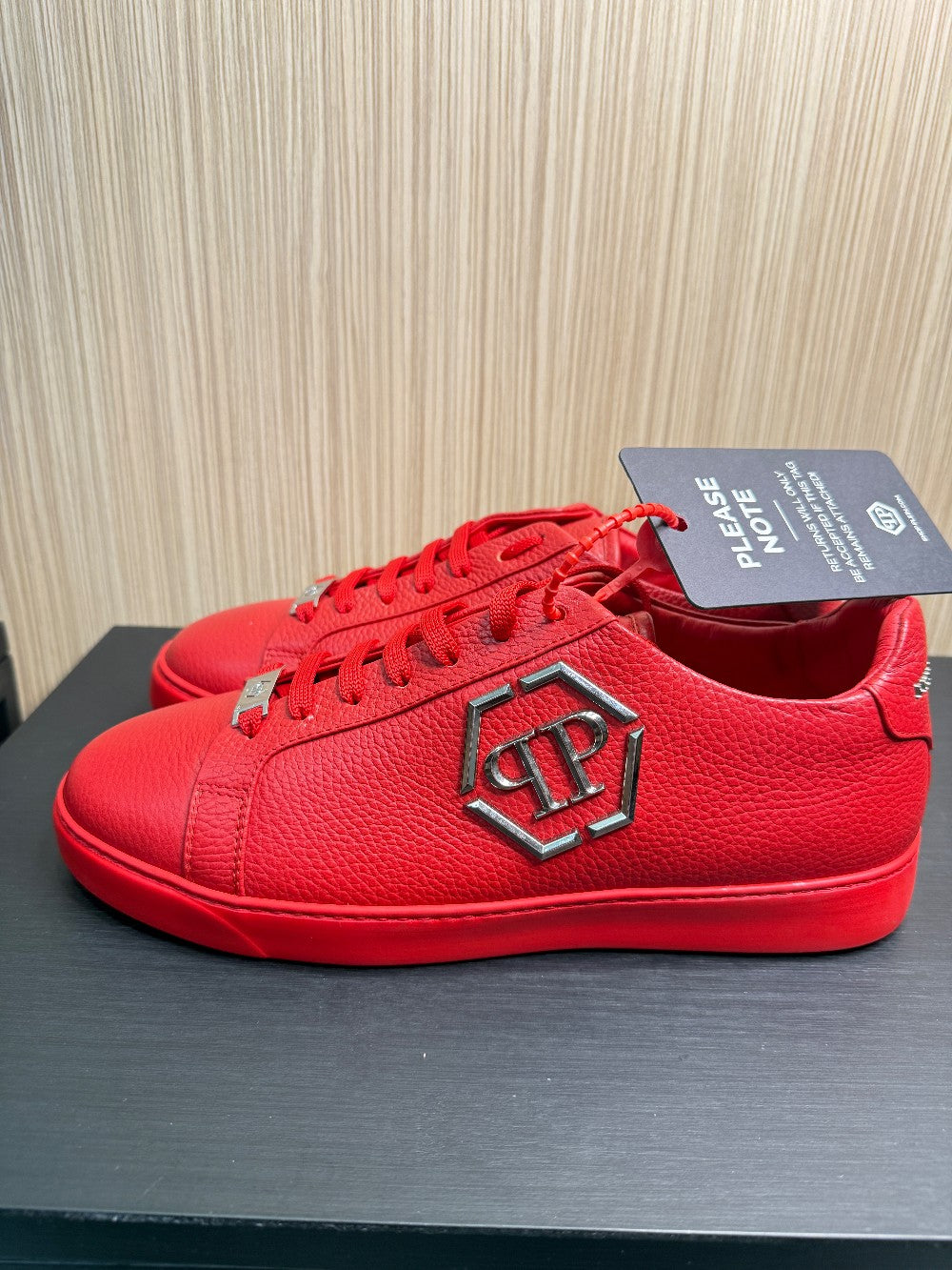 Philipp Plein Red Pebbled Leather Hexagon Logo Sneakers – Size 43|136
