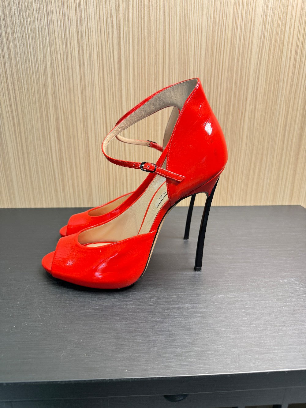 Casadei Red Patent Leather Ankle Strap Peep Toe Pumps. Size 39|65