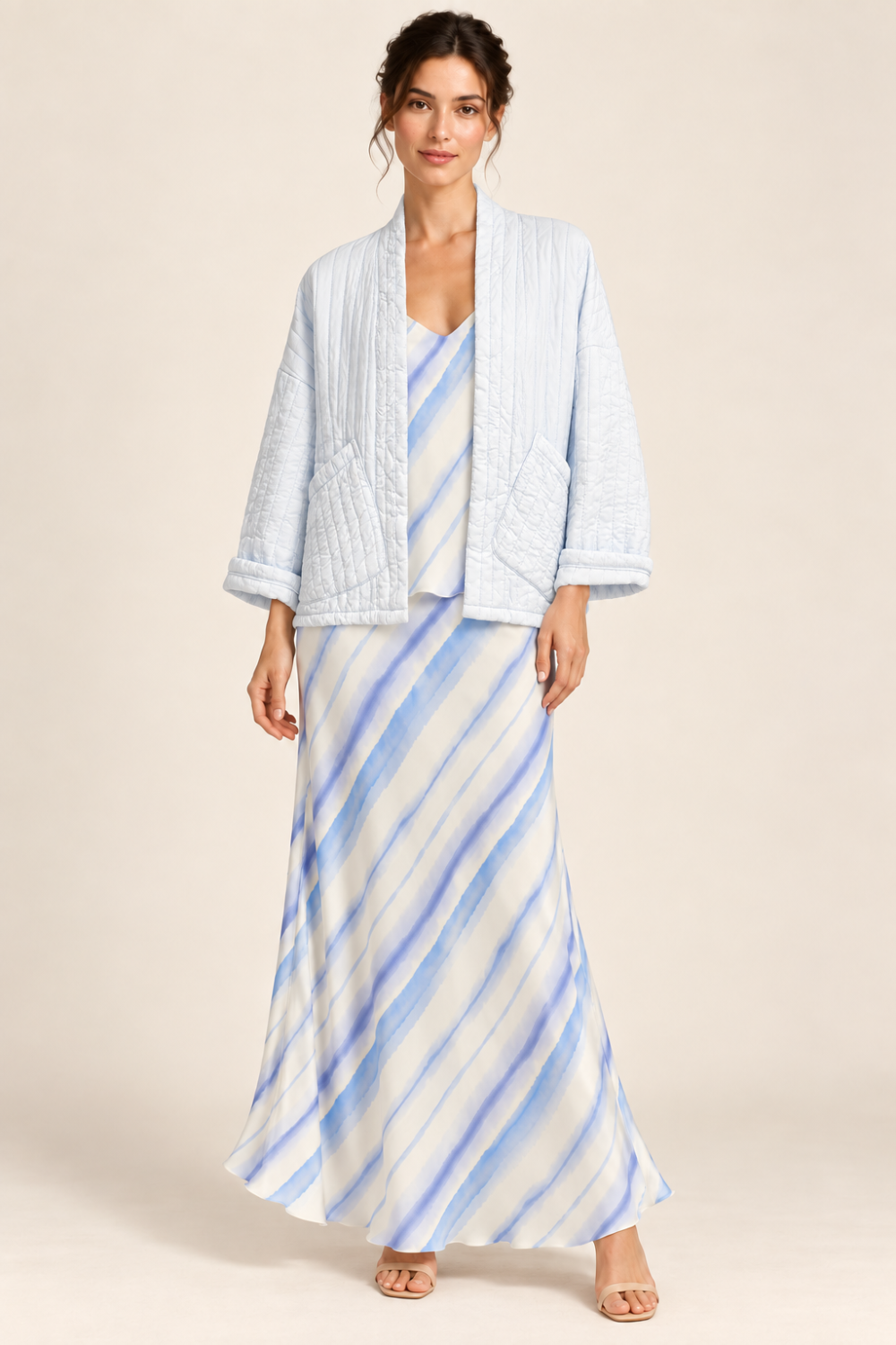WI&CO Blue Stripe Three-Piece Maxi Skirt Set with Quilted Jacket|931