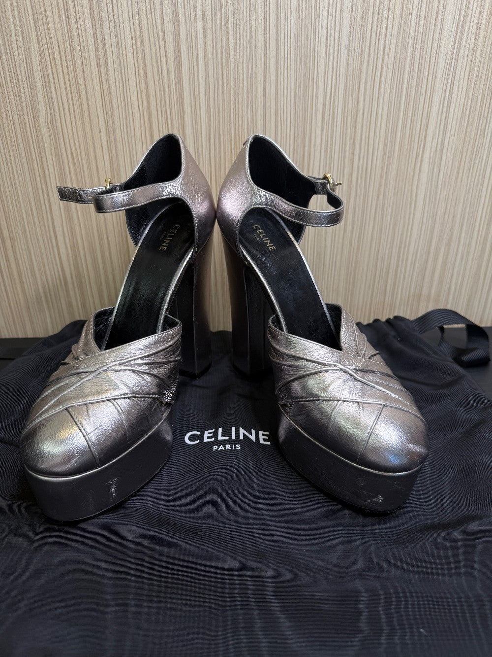 Celine Metallic Silver Leather Platform Heels Size 36|466
