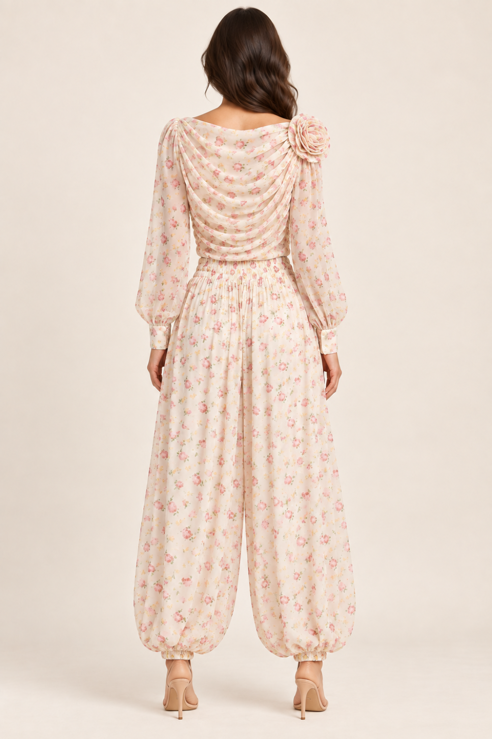LUMINA Floral Draped Bodysuit & Harem Pants Set — S/M|940