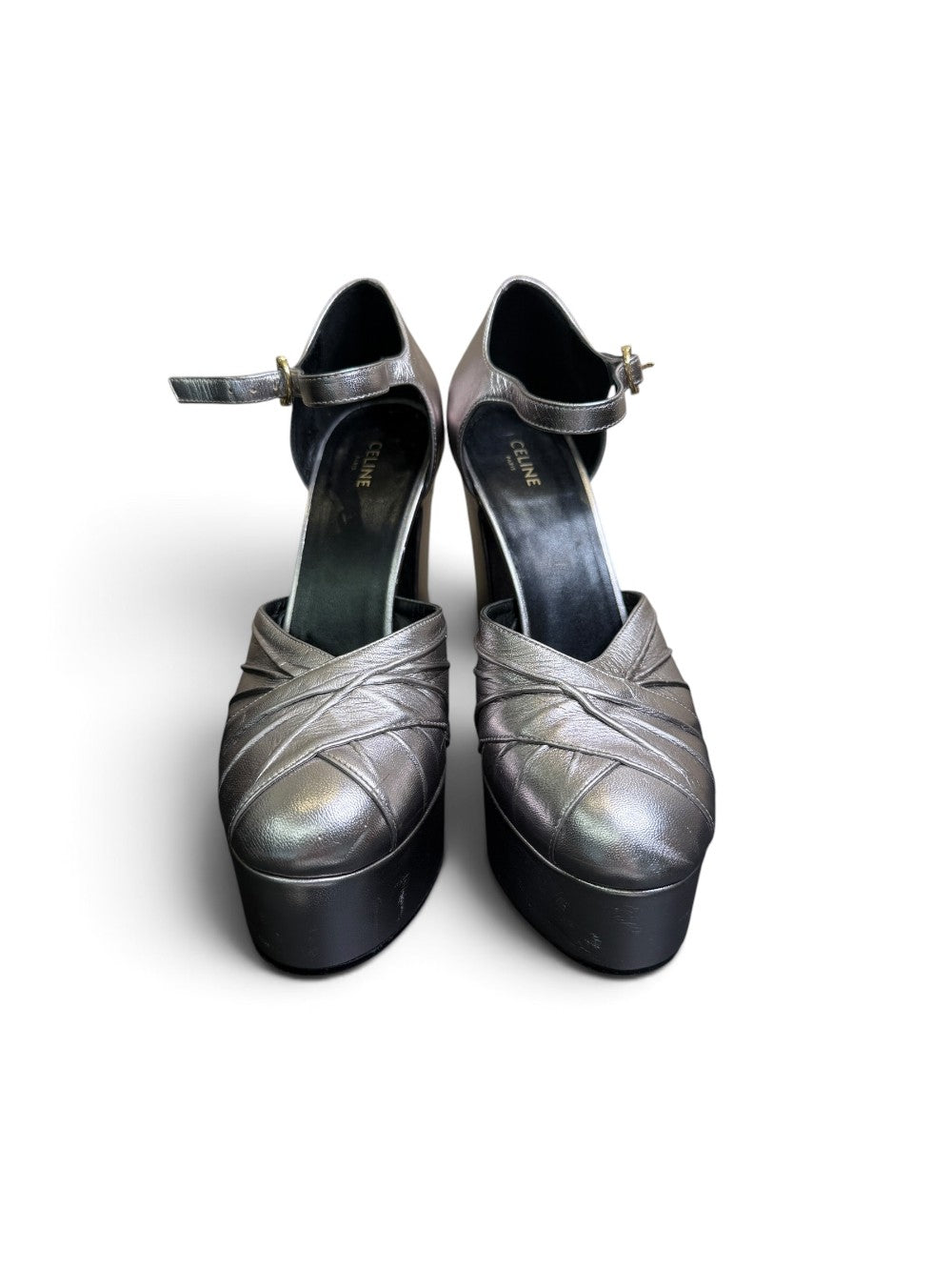 Celine Metallic Silver Leather Platform Heels Size 36|464