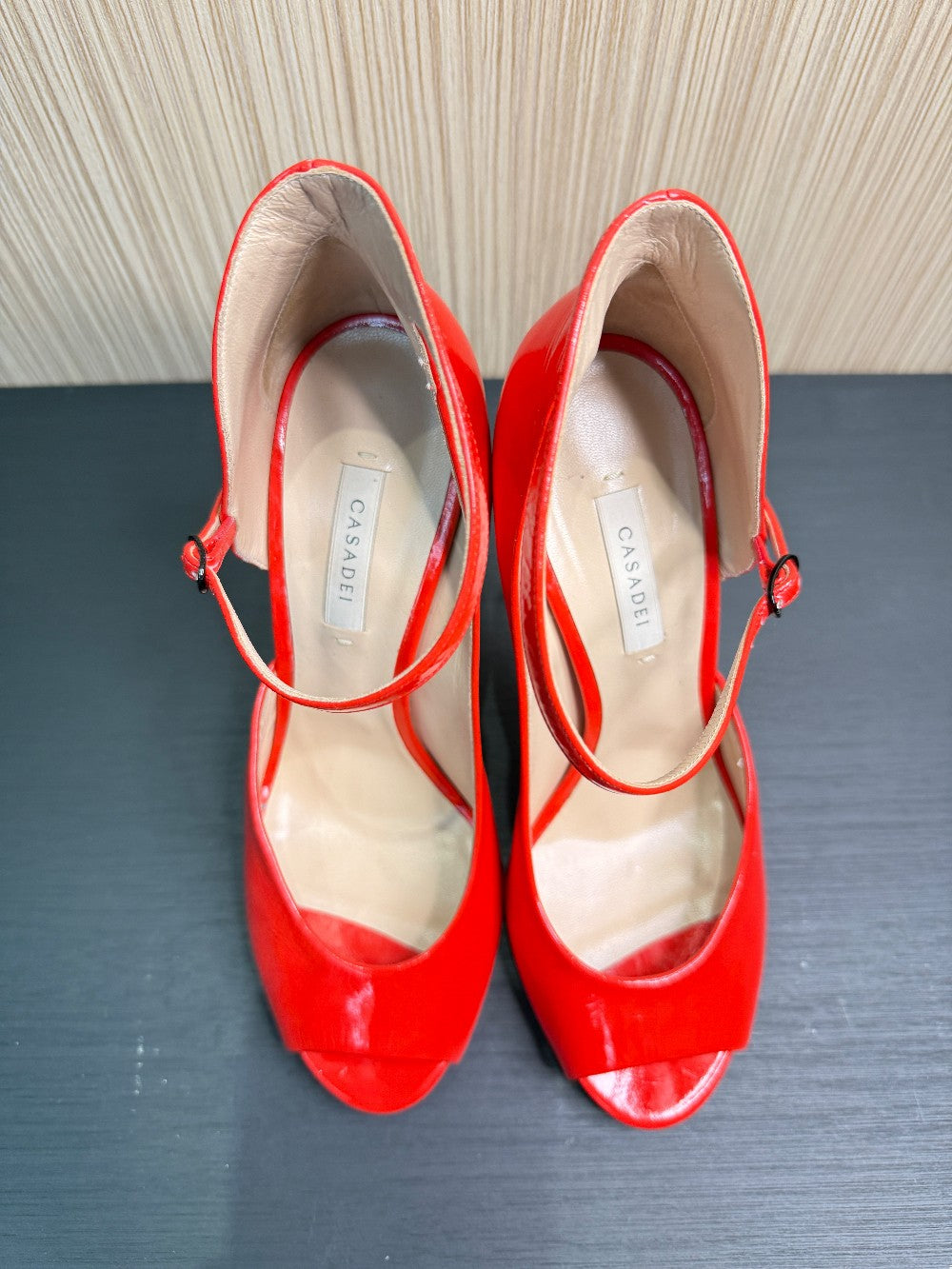 Casadei Red Patent Leather Ankle Strap Peep Toe Pumps. Size 39|67