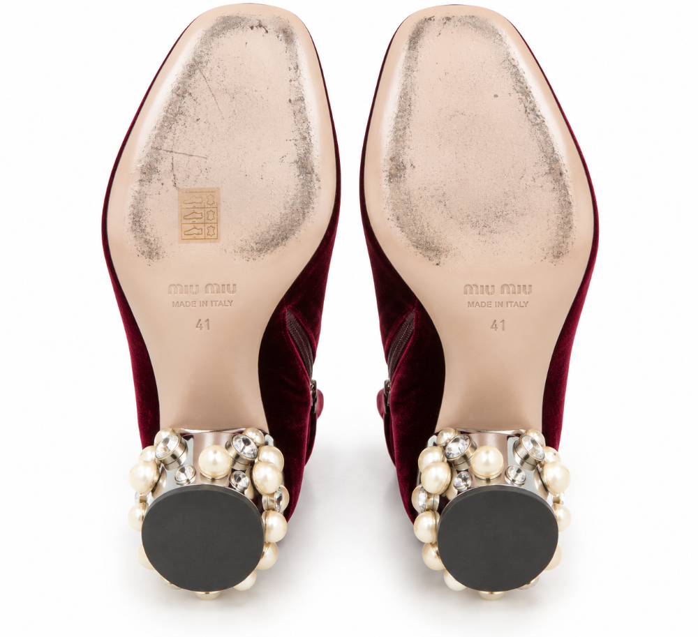 Miu Miu Burgundy Velvet Pearl & Crystal Embellished Heel Ankle Boots – Size 41|925