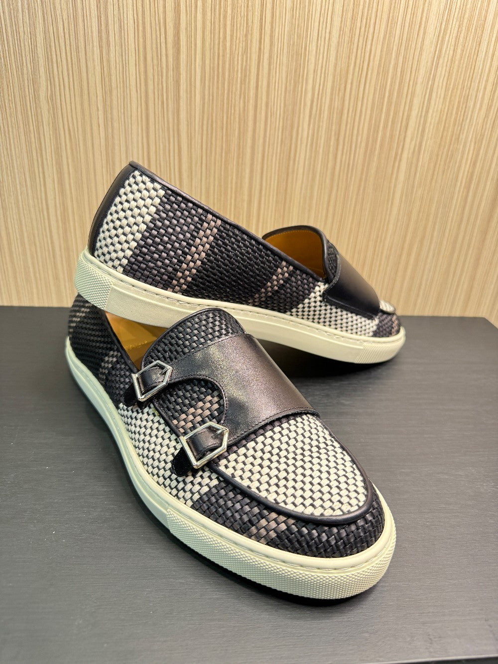 Superglamourous Men's Woven Leather Double Monk Loafers & Matching Belt Set|85