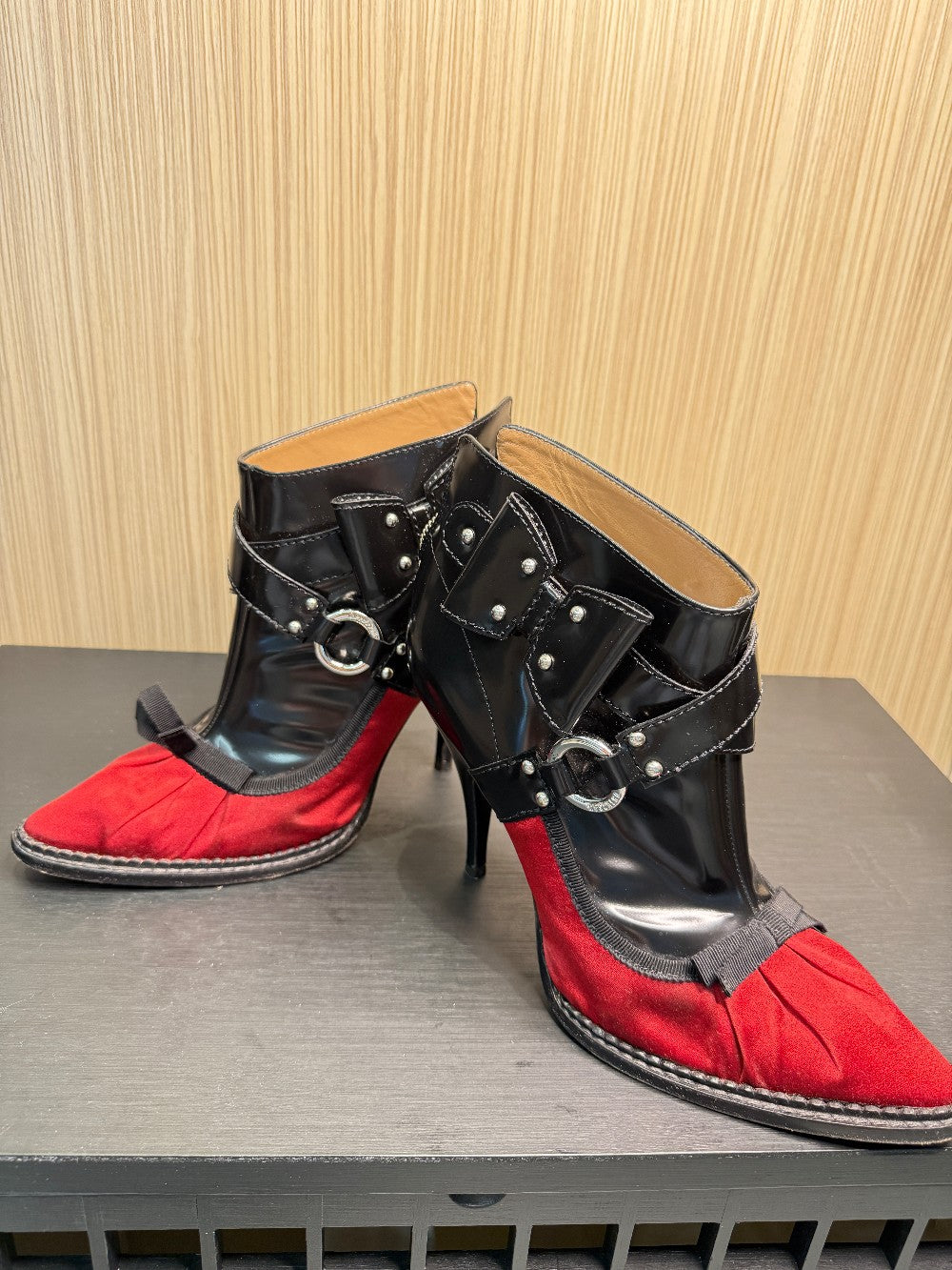 Moschino Cheap and Chic Black Patent & Red Satin Ankle Bootie Pumps Size 39|223