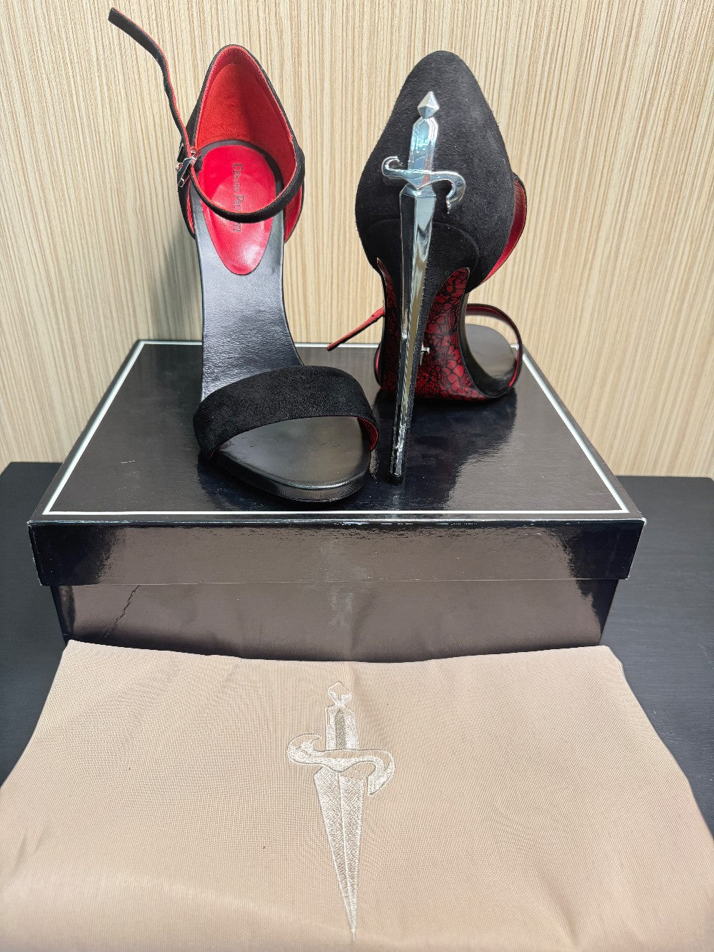 Cesare Paciotti Dagger Heel Black Suede Ankle Strap Sandals – Size 40|107