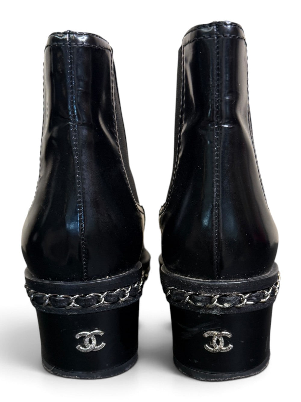 Chanel Black Leather Chain-Trim Chelsea Loafer Ankle Boots Size 37|777