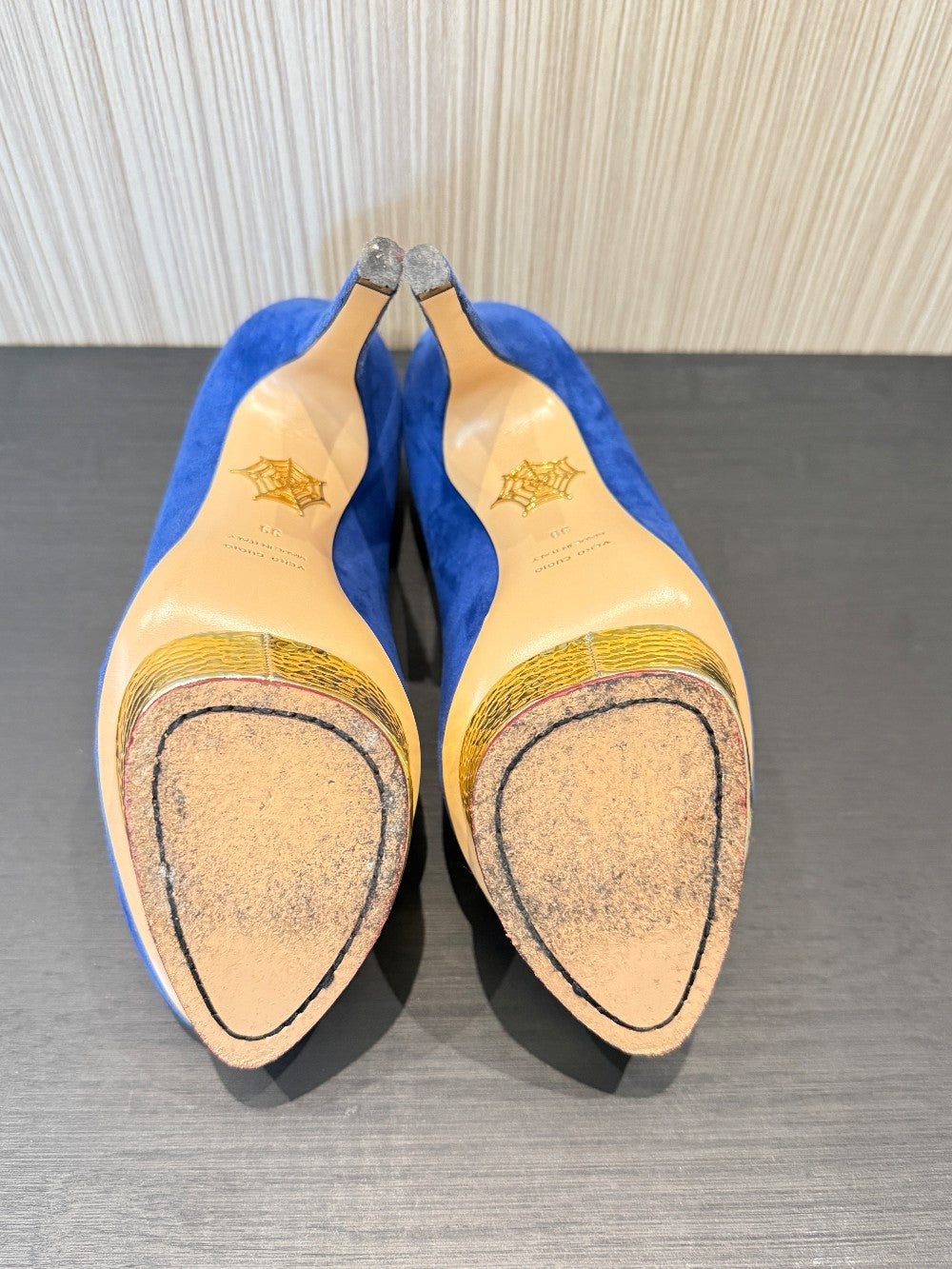 Charlotte Olympia Blue Suede Platform Pumps Gold Platform Size EU 39.|34