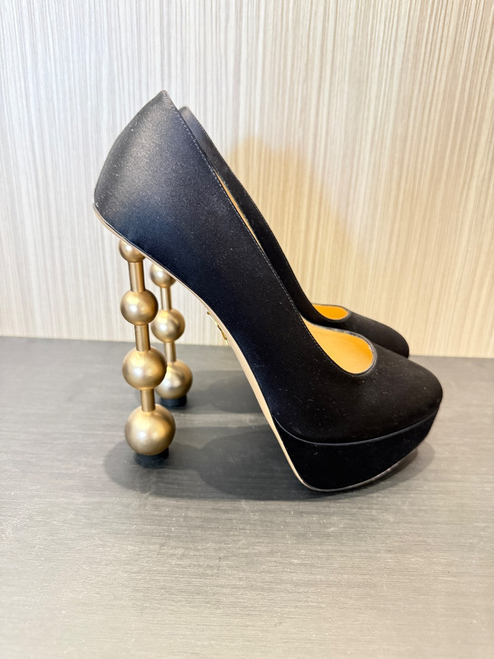 Charlotte Olympia Black Satin Platform Pumps with Signature Gold Ball Heel. Size EU 38.5|40