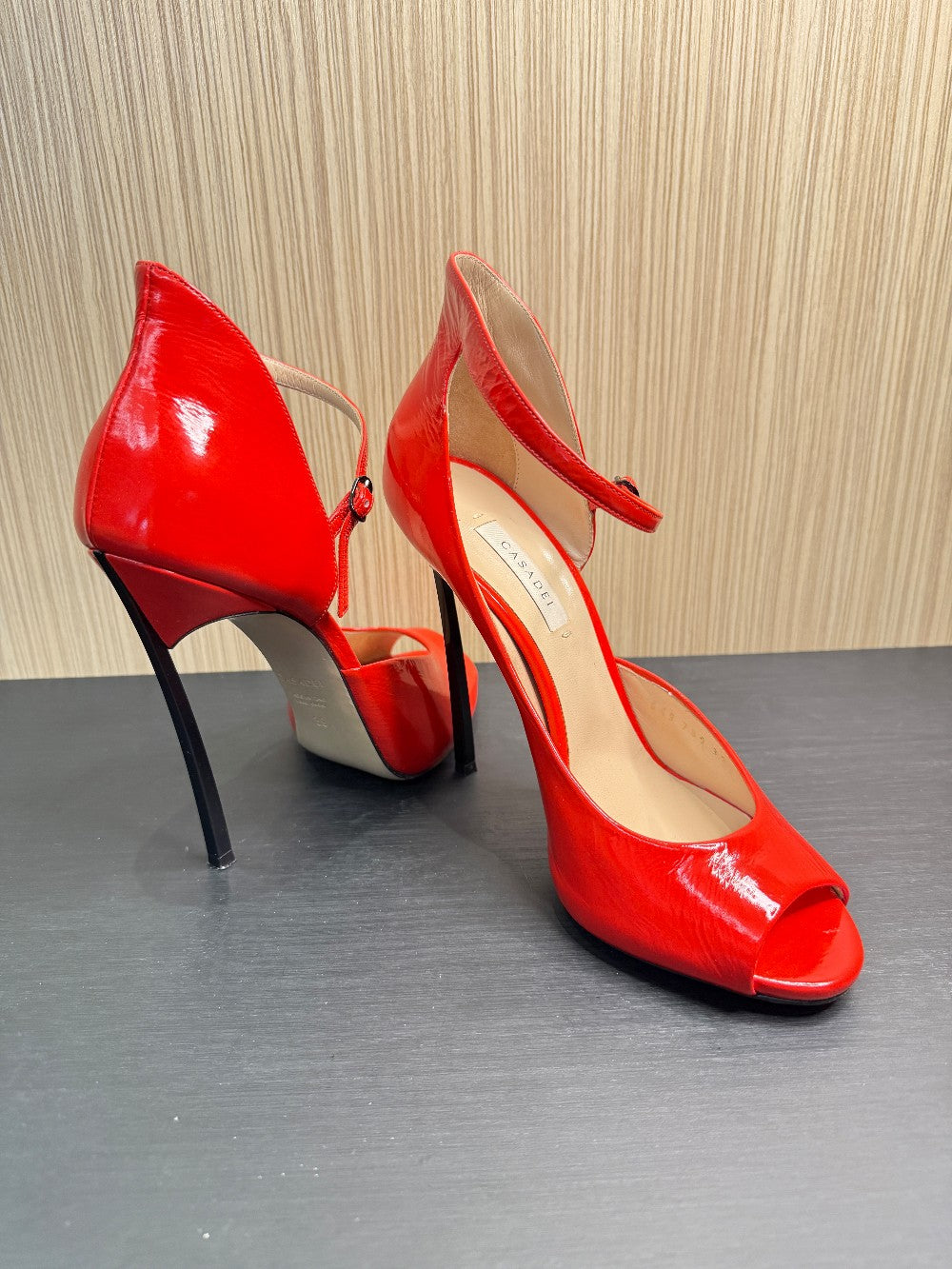 Casadei Red Patent Leather Ankle Strap Peep Toe Pumps. Size 39|71