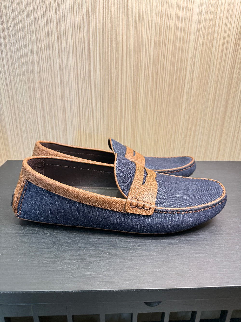 Louis Vuitton Men's Denim & Leather Driver Moccasins Navy/Brown Size US 10|262