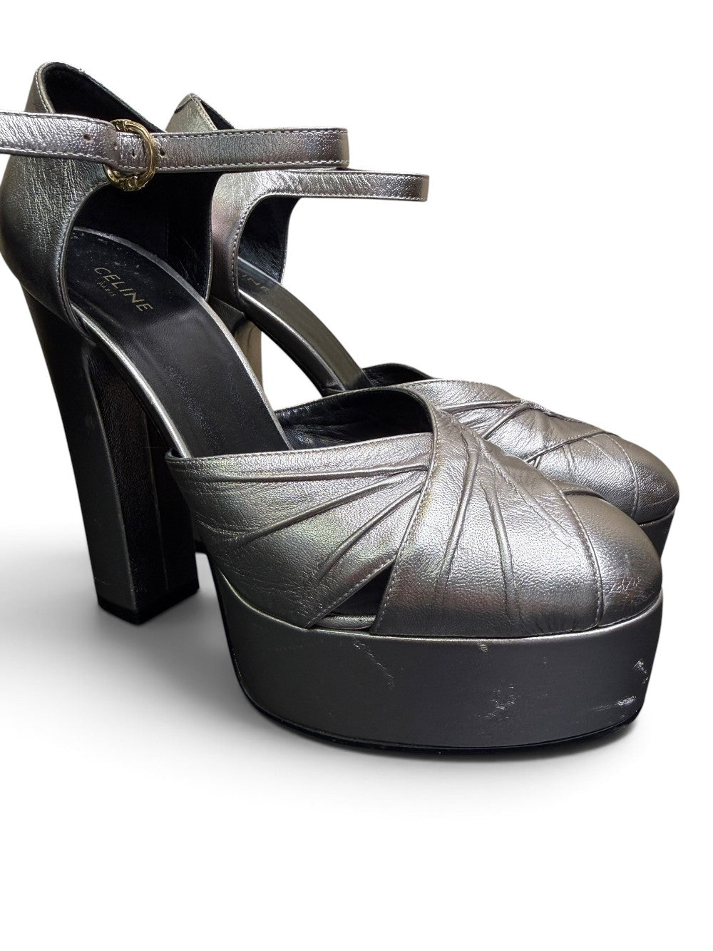 Celine Metallic Silver Leather Platform Heels Size 36|460