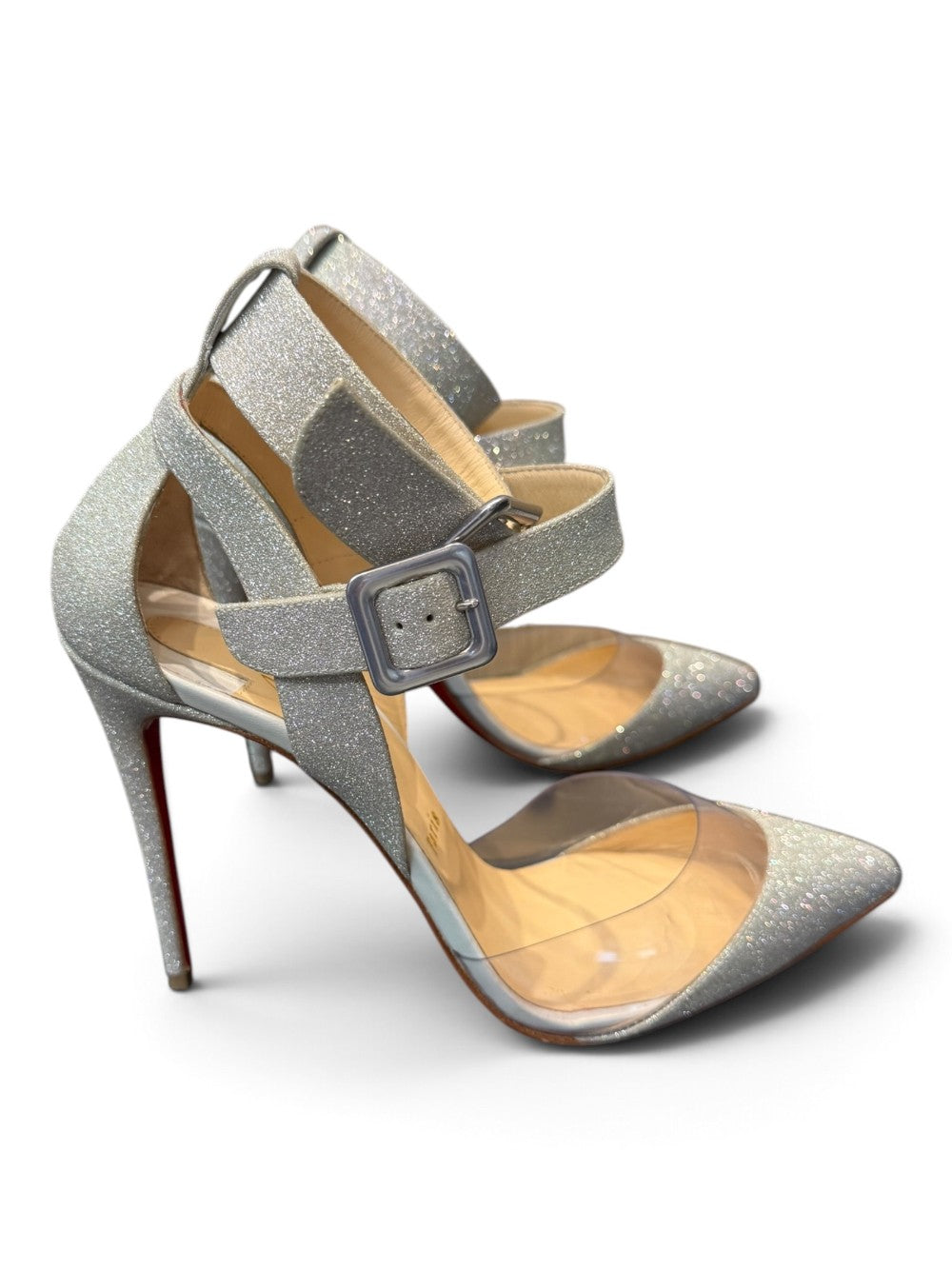 Christian Louboutin Silver Glitter & Clear Double-Strap Pumps|1027