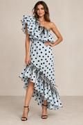 G. Novak One-Shoulder Polka Dot Chiffon Feather Trim Dress GN 207 Size 42-44|858