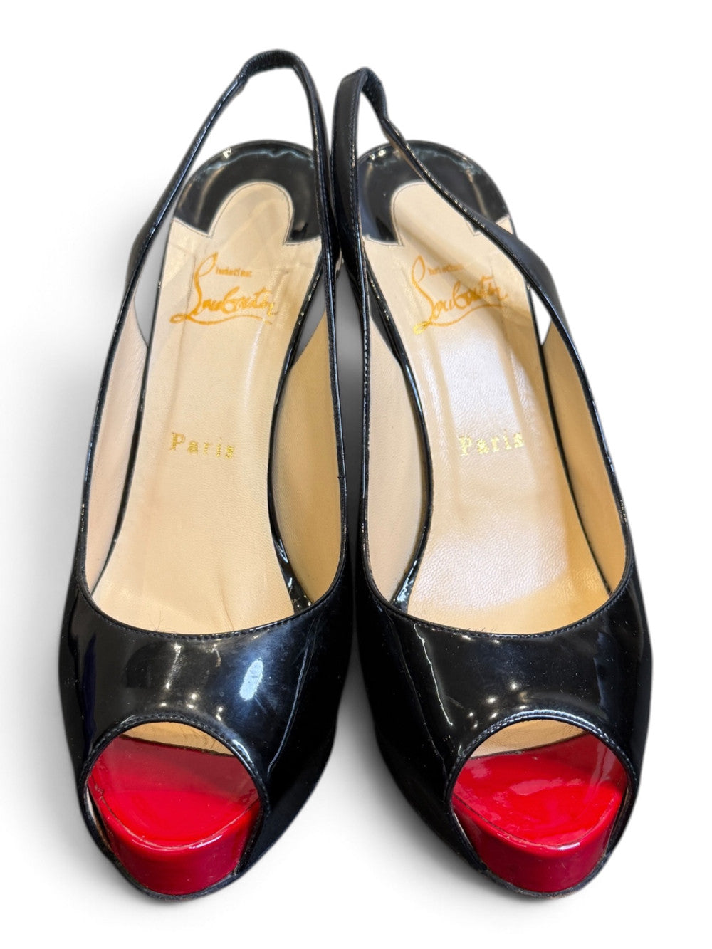 Christian Louboutin Black Patent Leather Peep-Toe Platform Slingback Pumps – US 9.5 (EU 39.5)|1089