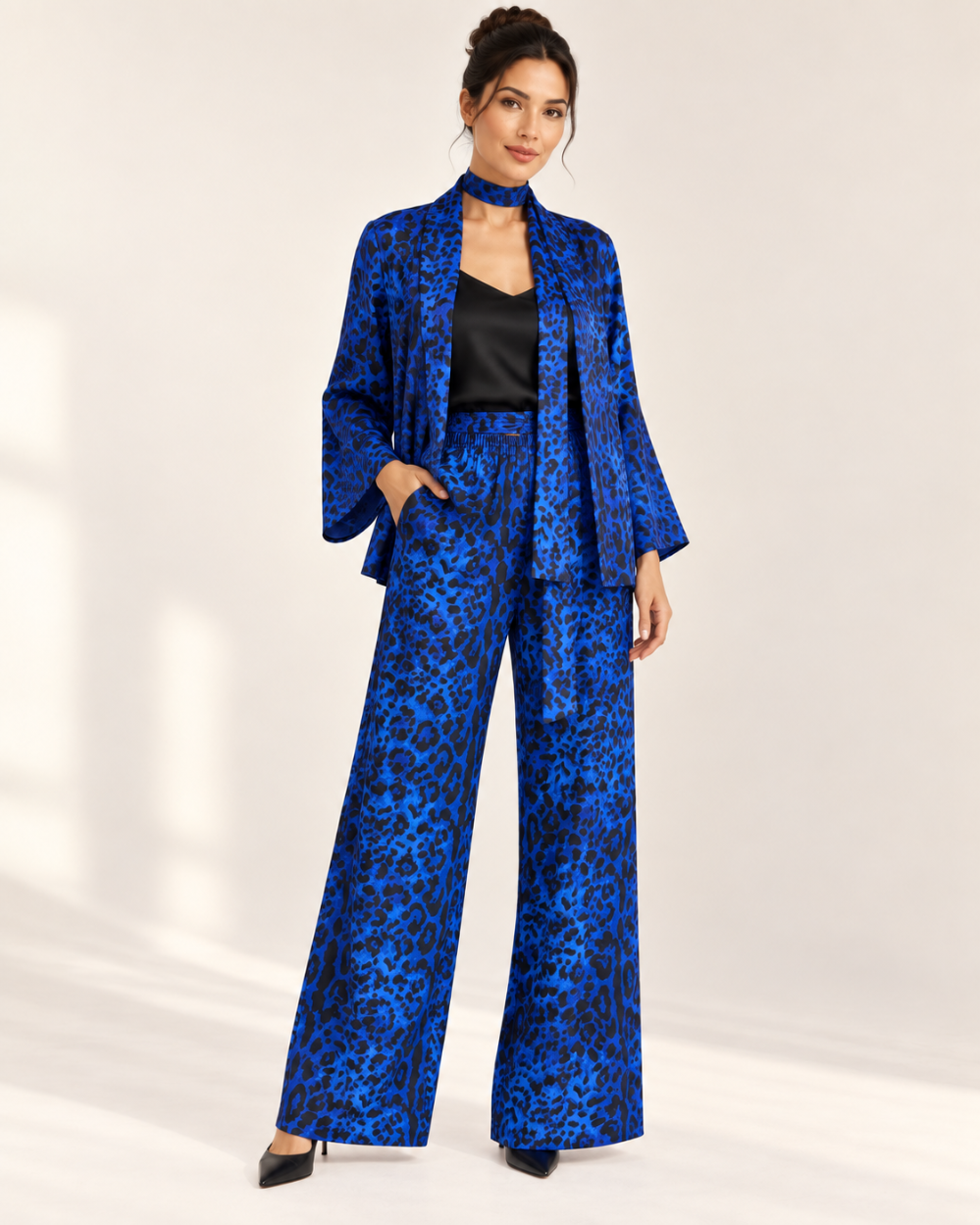 G. Novak Blue Leopard Silk Jacket & Wide-Leg Pants Set|878