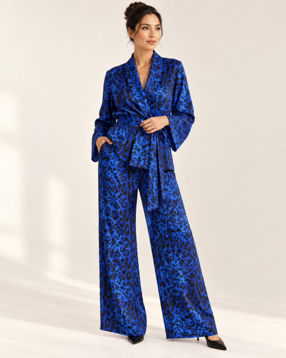 G. Novak Blue Leopard Silk Jacket & Wide-Leg Pants Set|877
