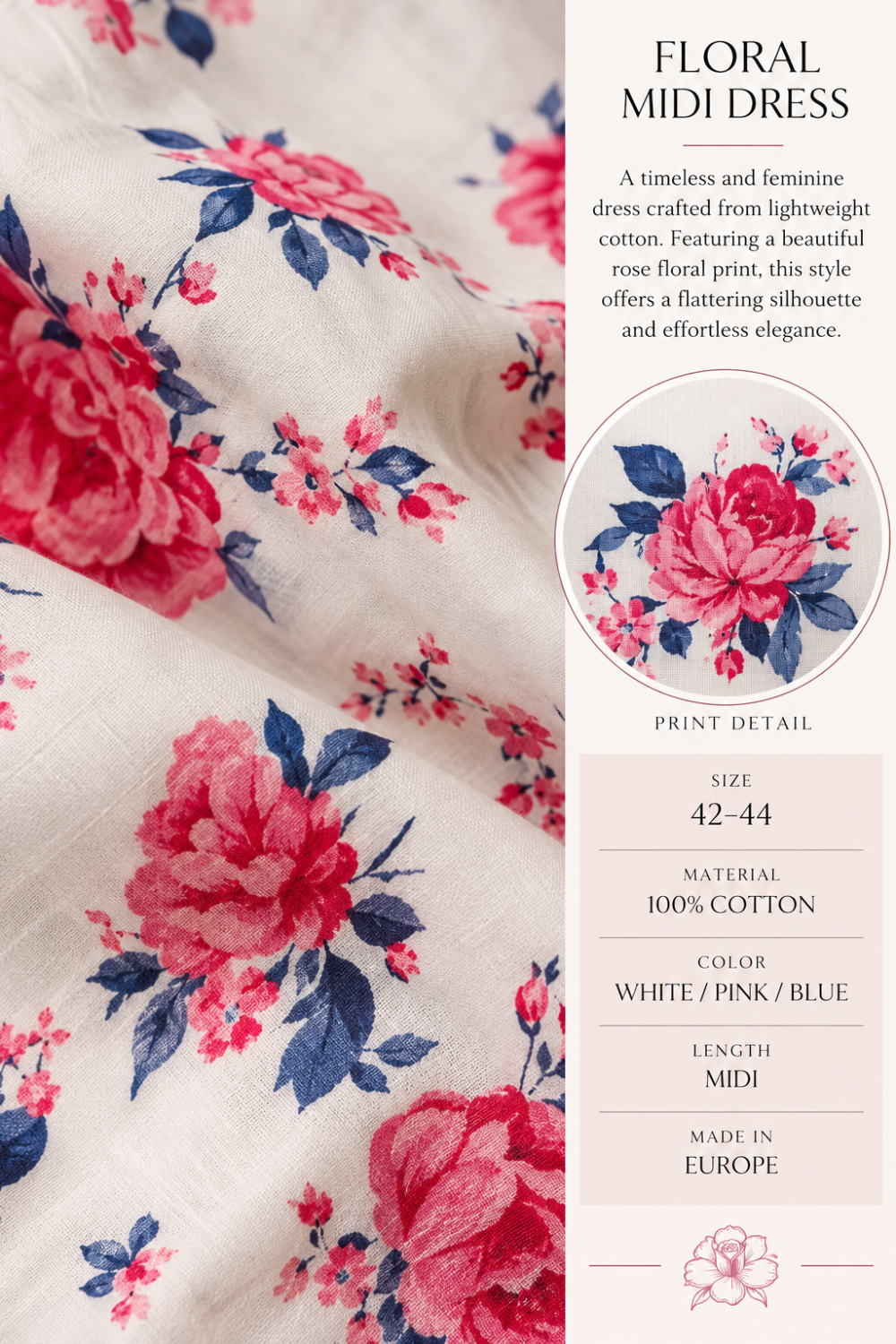 Gulnara Novak Floral Cotton Fitted Midi Dress – Size 42–44|904