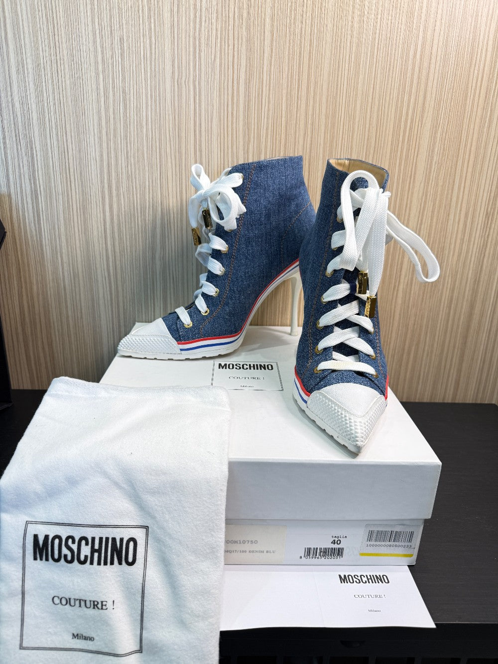 Moschino Couture Denim Lace-Up High Heel Sneaker Boots Size EU 40|310