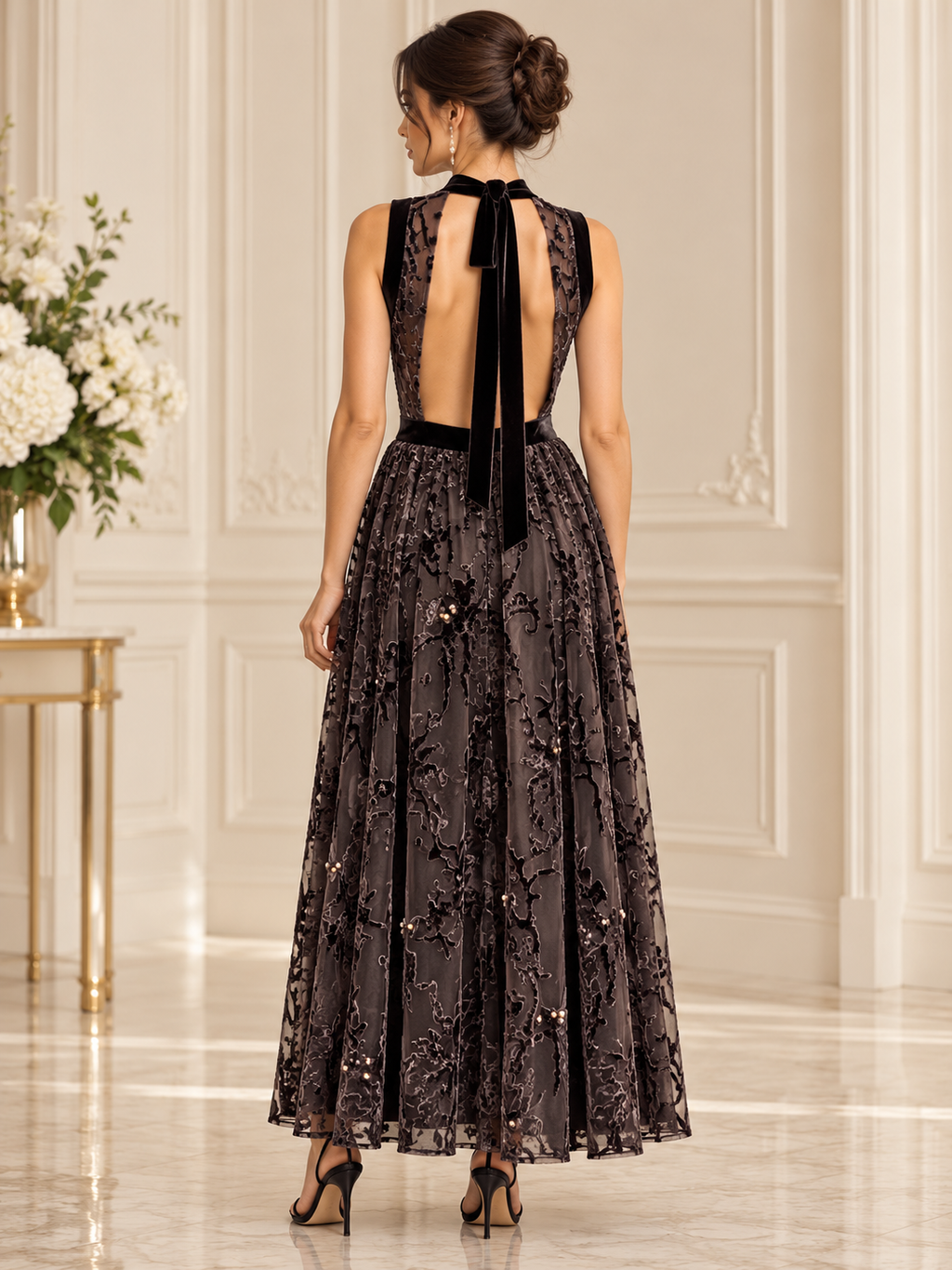 G. Novak Black Velvet Floral Tulle Open-Back Evening Overdress