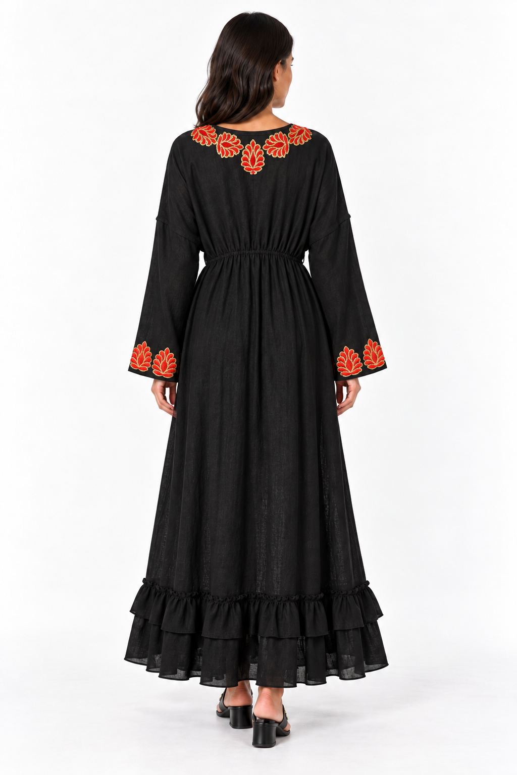 G. Novak Black Linen Three-Piece Set with Red & Gold Embroidery