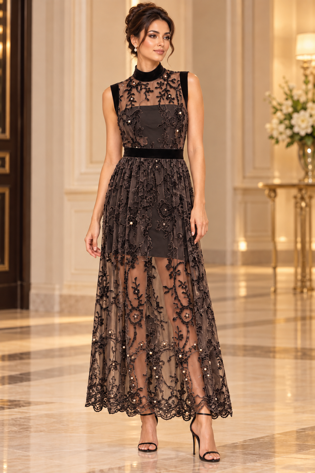 G. Novak Black Velvet Floral Tulle Open-Back Evening Overdress
