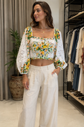 FARM Rio Papaya Salad Eyelet Puff Sleeve Crop Top – Size L
