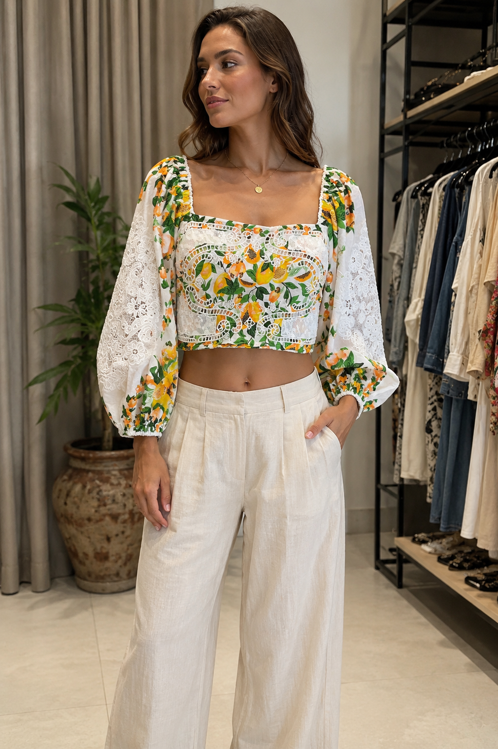 FARM Rio Papaya Salad Eyelet Puff Sleeve Crop Top – Size L