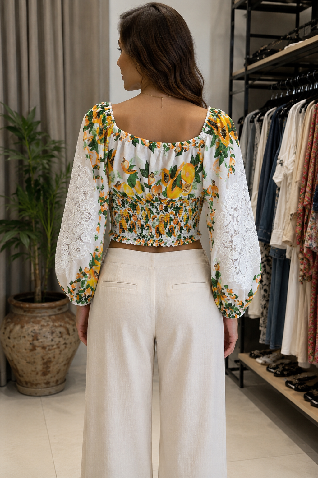 FARM Rio Papaya Salad Eyelet Puff Sleeve Crop Top – Size L