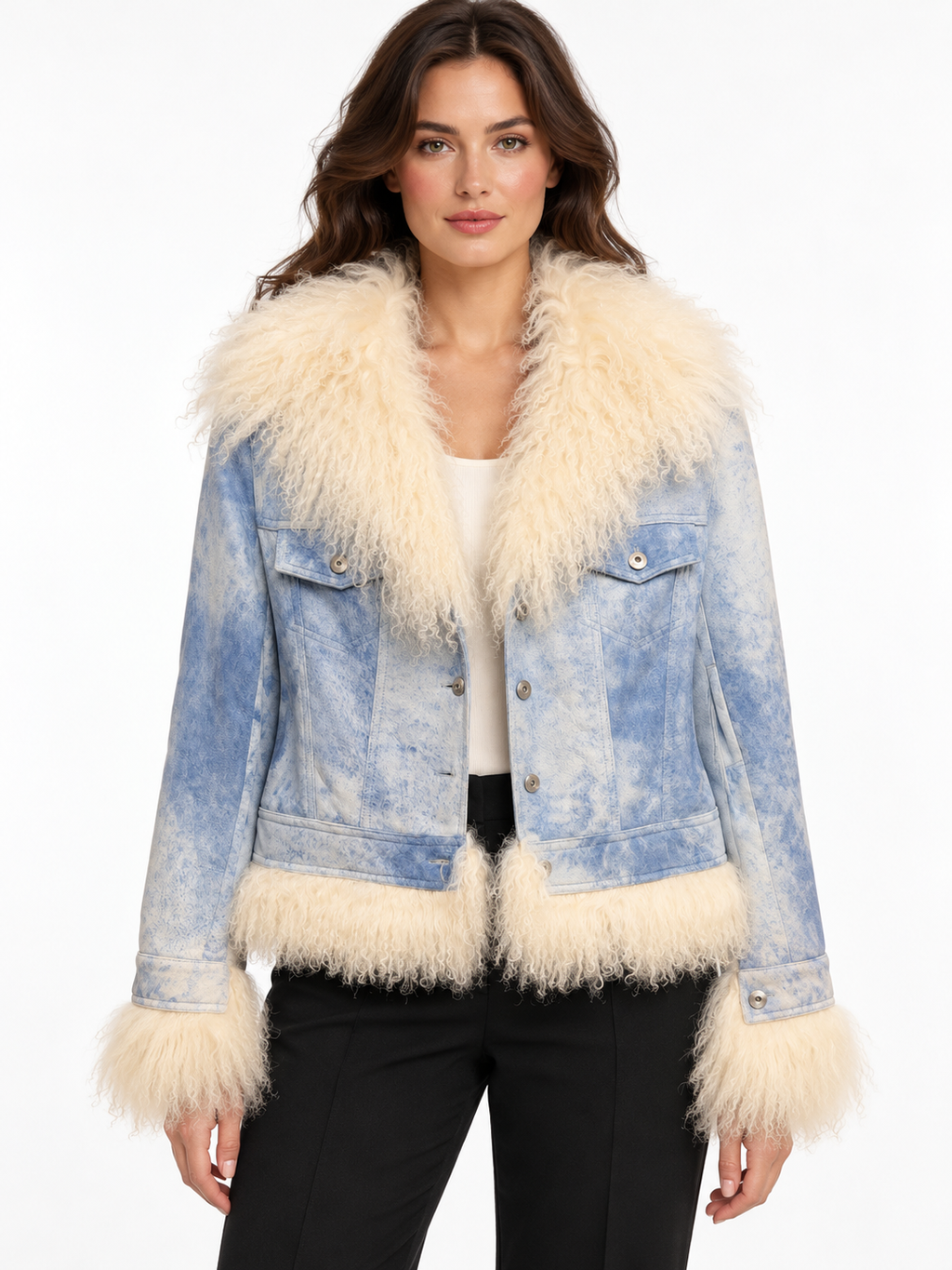 Elements by Vakko Light Blue Leather Jacket with Cream Curly Trim – Size L
