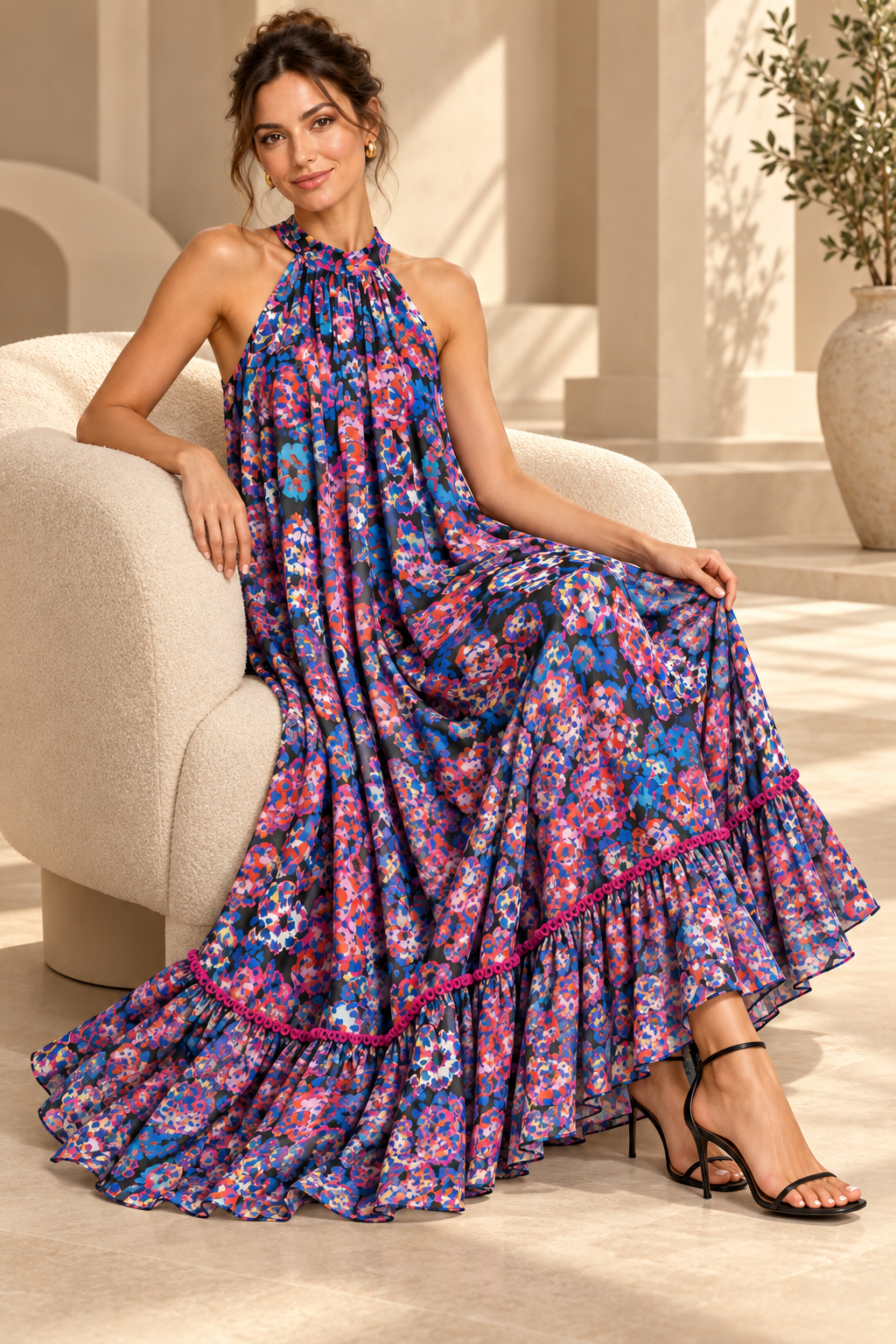 G. Novak Multicolor Floral Halter Maxi Dress with Tassel Ties