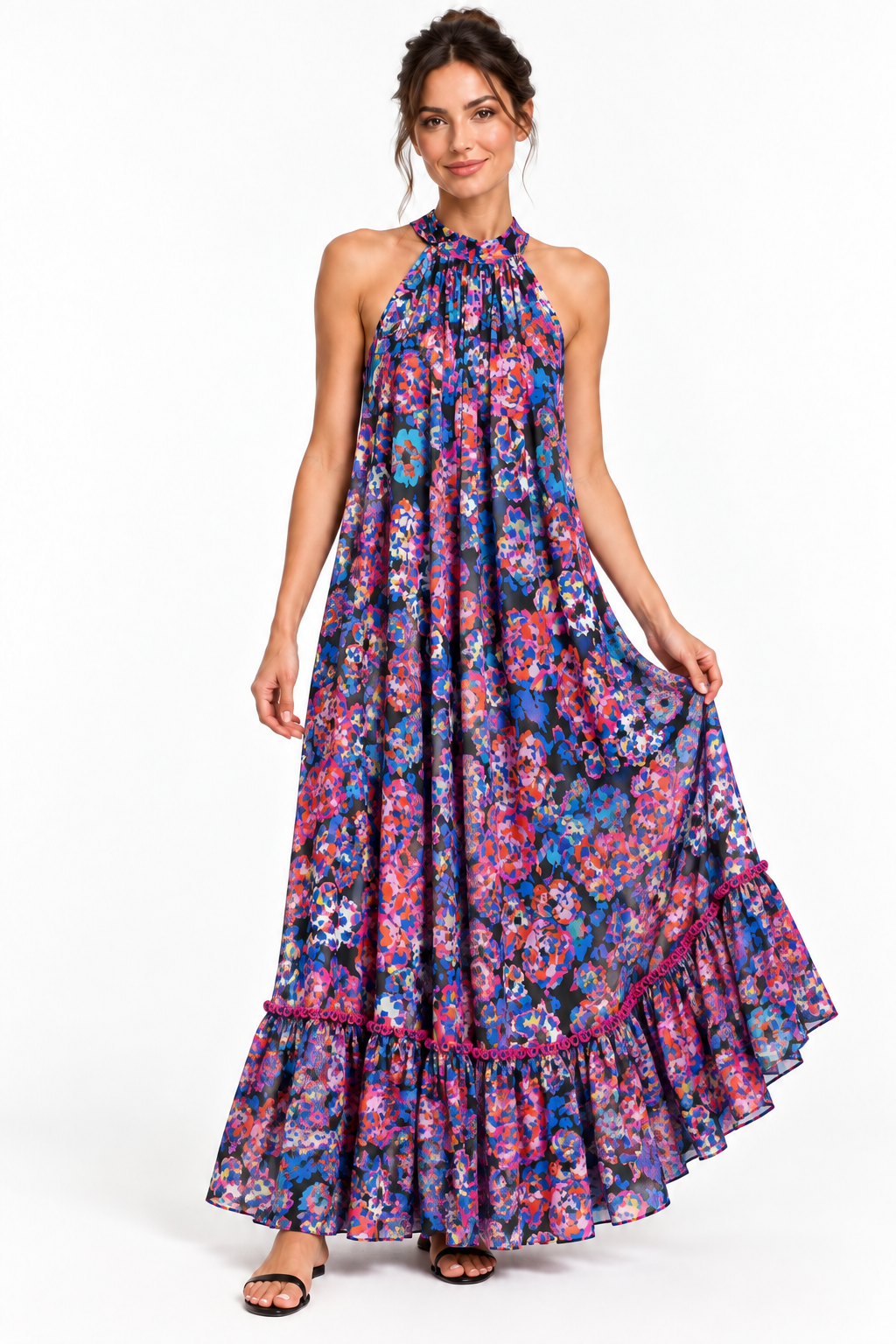 G. Novak Multicolor Floral Halter Maxi Dress with Tassel Ties