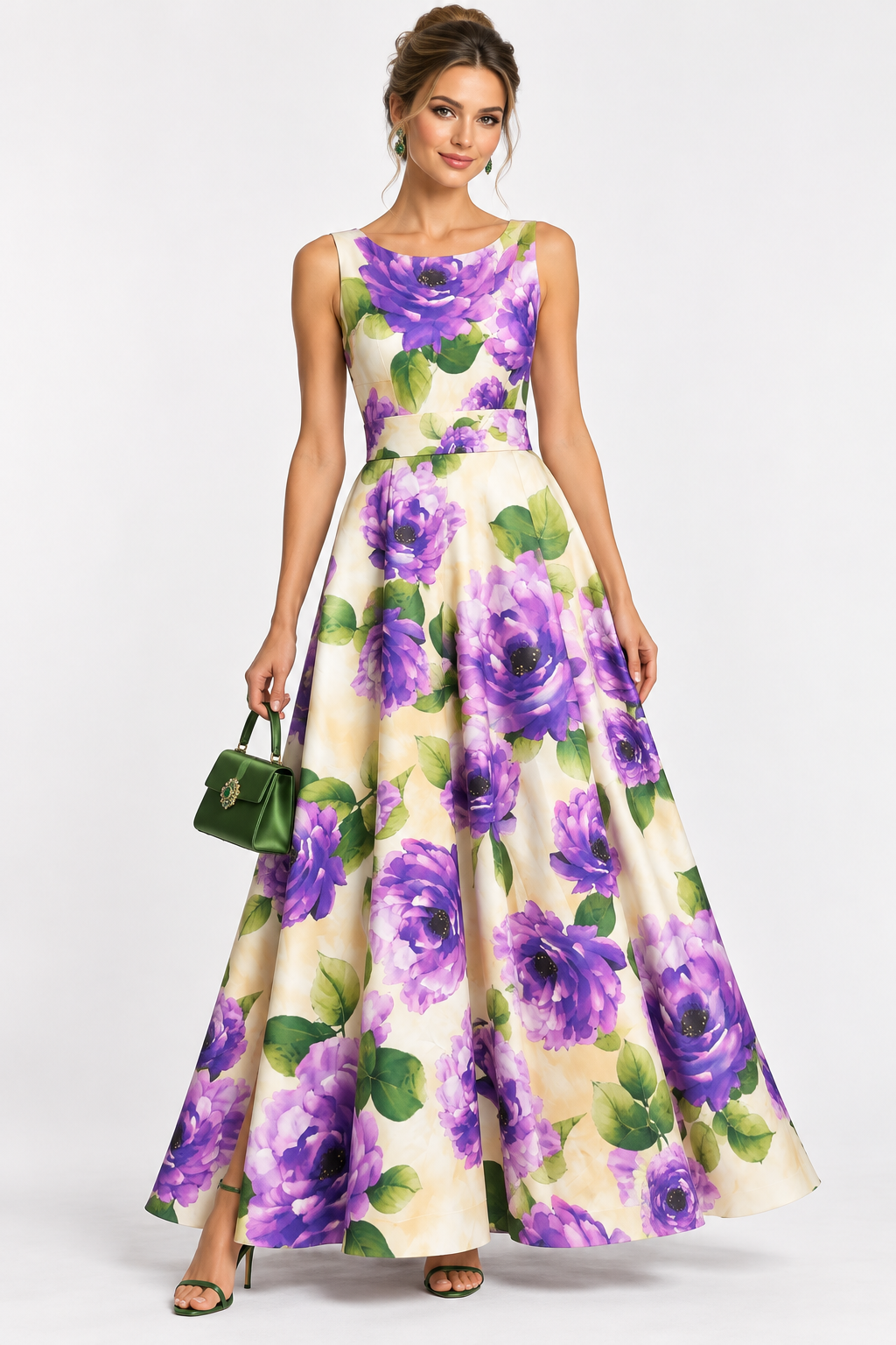 G. Novak Purple Peony Print Belted Maxi Dress