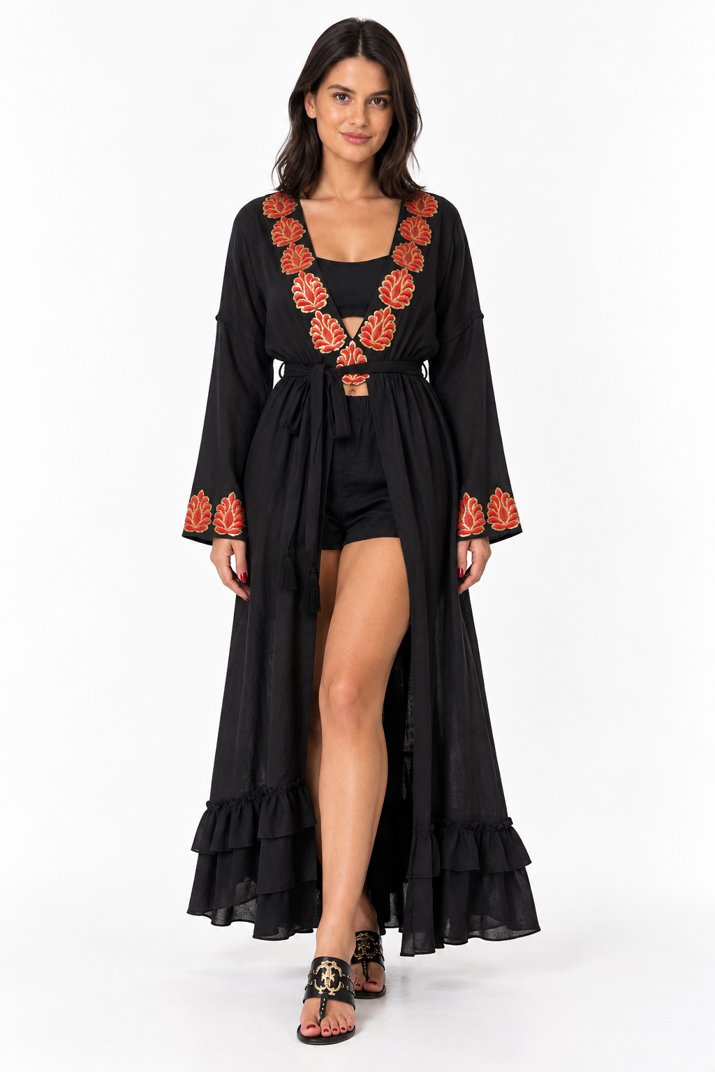 G. Novak Black Linen Three-Piece Set with Red & Gold Embroidery