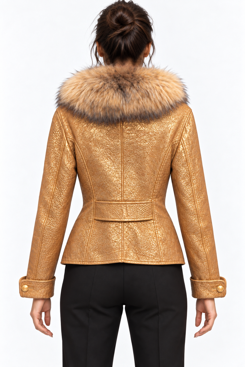 Metallic Gold Leather Jacket with Statement Fur Collar – Size L