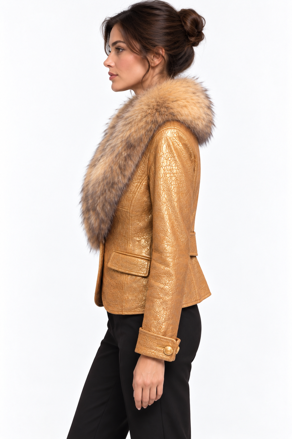 Metallic Gold Leather Jacket with Statement Fur Collar – Size L