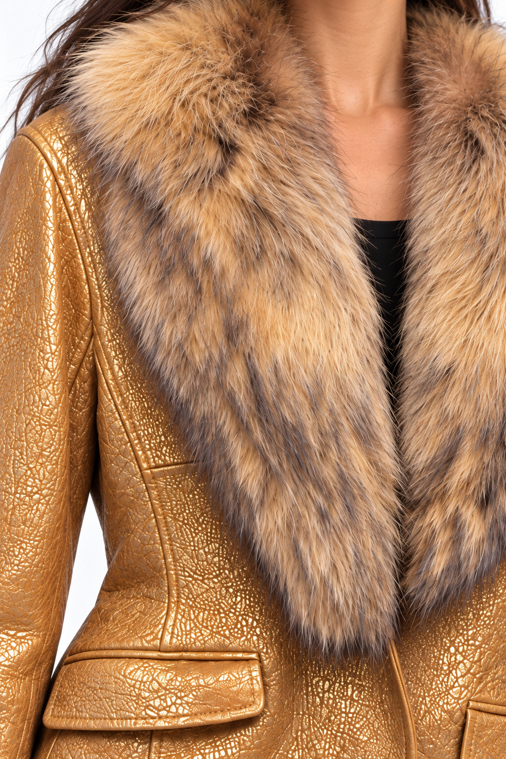 Metallic Gold Leather Jacket with Statement Fur Collar – Size L