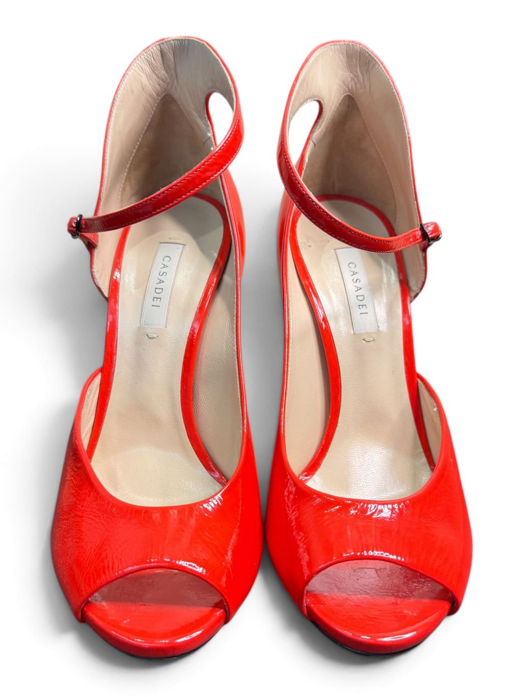 Casadei Red Patent Leather Ankle Strap Peep Toe Pumps. Size 39